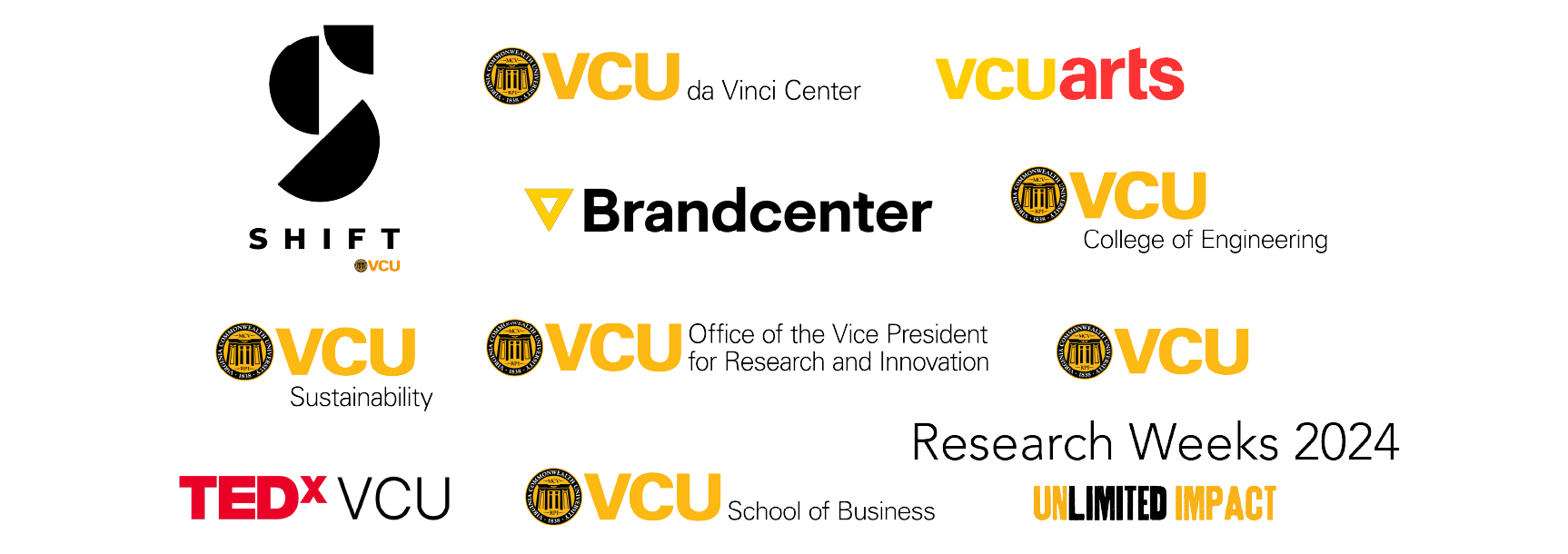 sponsors include VCU School of Business, VCU College of Engineering, VCU da Vinci Center for Innovation, Shift Retail Lab, VCU Brandcenter, VCUarts, VCU Sustainability, TEDxVCU, VCU Research Weeks, VCU College of Engineering, and VCU Office of the Vice President for Research and Innovation