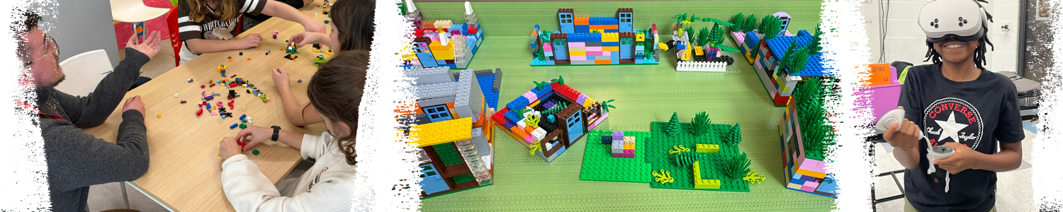 scenes of children building with legos and lego creations